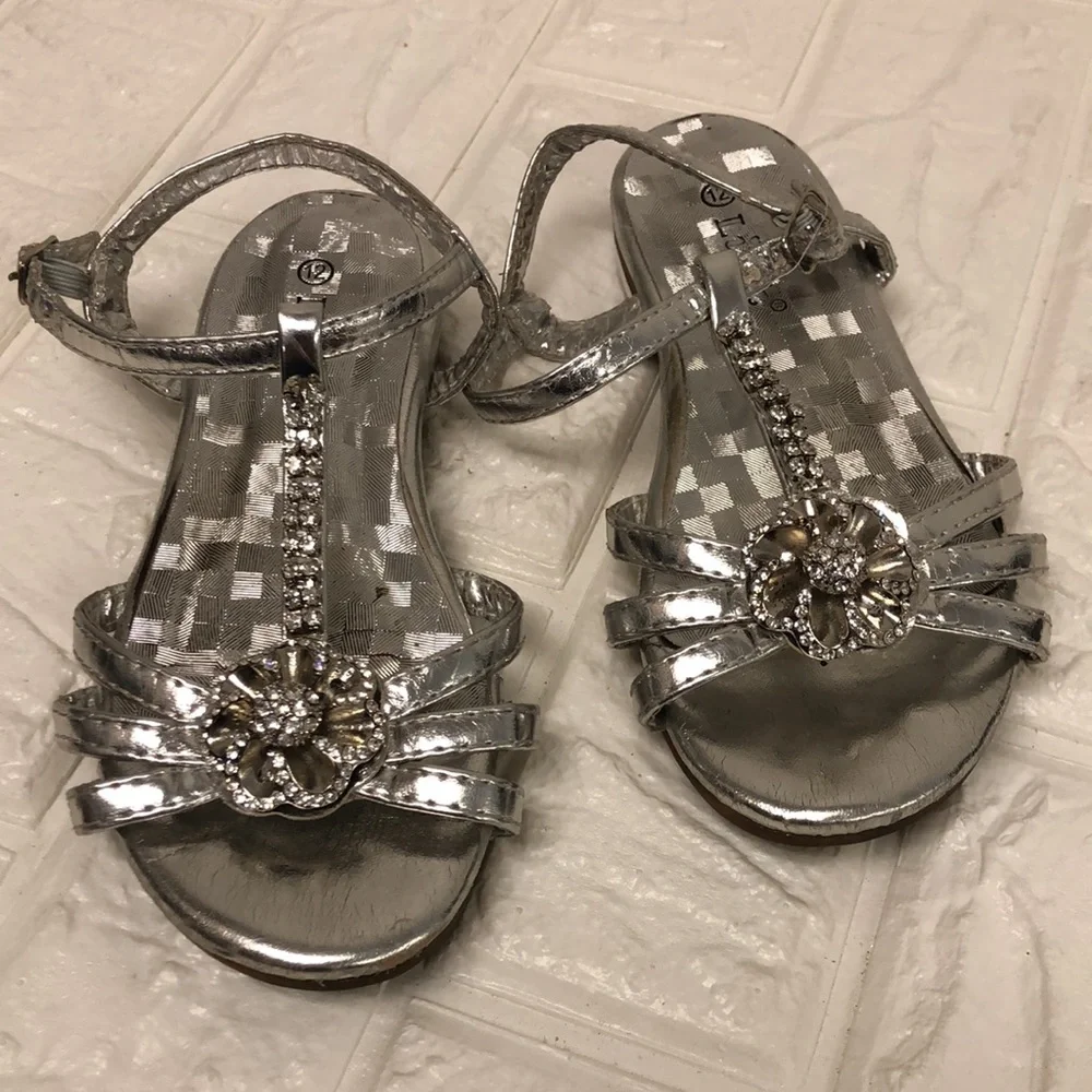 Link little girl fancy‎ silver sandals rhinestones size 12 wedding flower girl